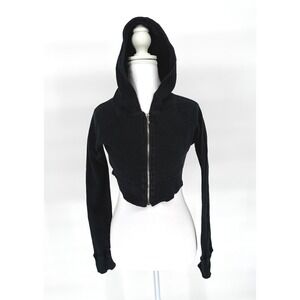 Y2K Retro Streetwear Cropped Hoodie Oolwear USA Waffle Knit Full Zip M Black